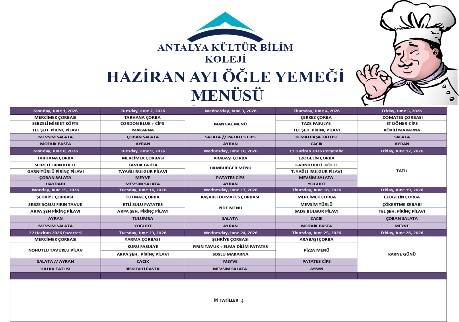 Haziran Ayı Öğle Yemeği Menüsü